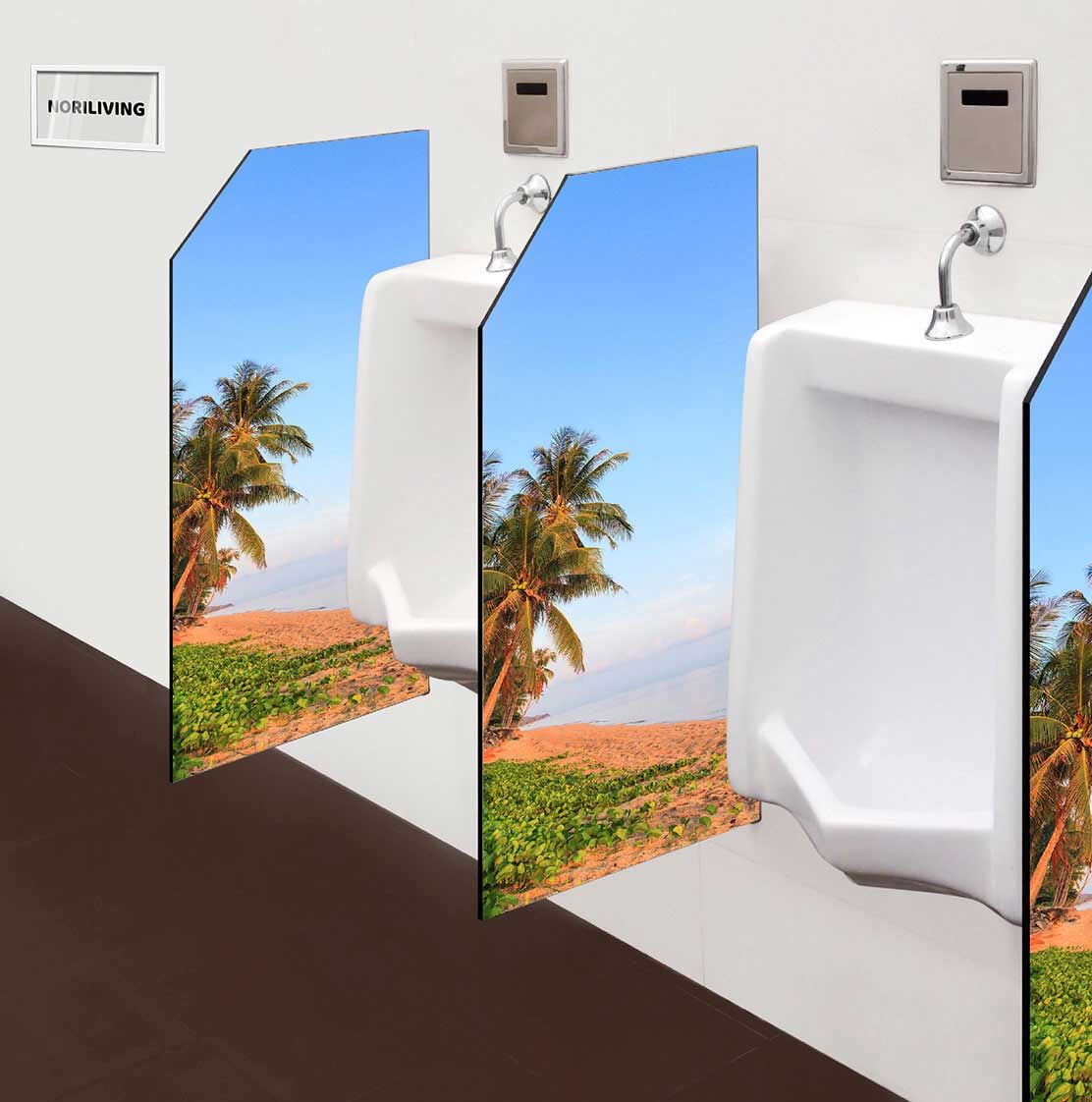 in der Toilette eingebaute Schamwand mit Motiv Palme am tropischen Strand 601