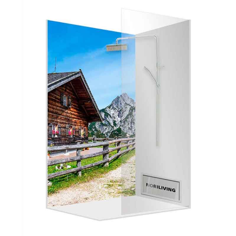 Duschkabine mit Motiv einer Alpenhütte und Berglandschaft