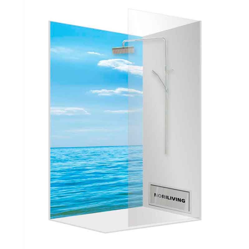 Moderne Duschkabine mit Fototapete eines Meeres und integriertem Regenduschkopf, Noriliving-Design