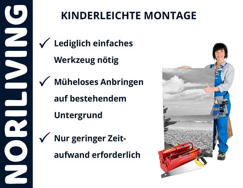 Handwerker neben einem Bild mit Informationen zur kinderleichten Montage: Lediglich einfaches Werkzeug nötig, müheloses Anbringen, geringer Zeitaufwand.