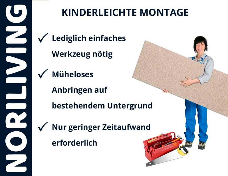 Person hält Platte; Text 'Kinderleichte Montage', mit Werkzeugkasten und Säge im Vordergrund