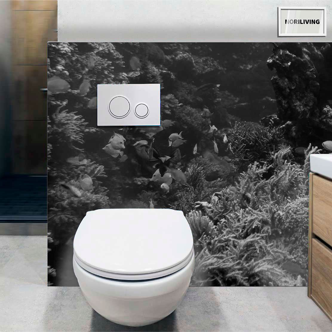 im WC eingebaute Toilettenrückwand mit Motiv Unterwasserwelt 907 schwarz-weiß