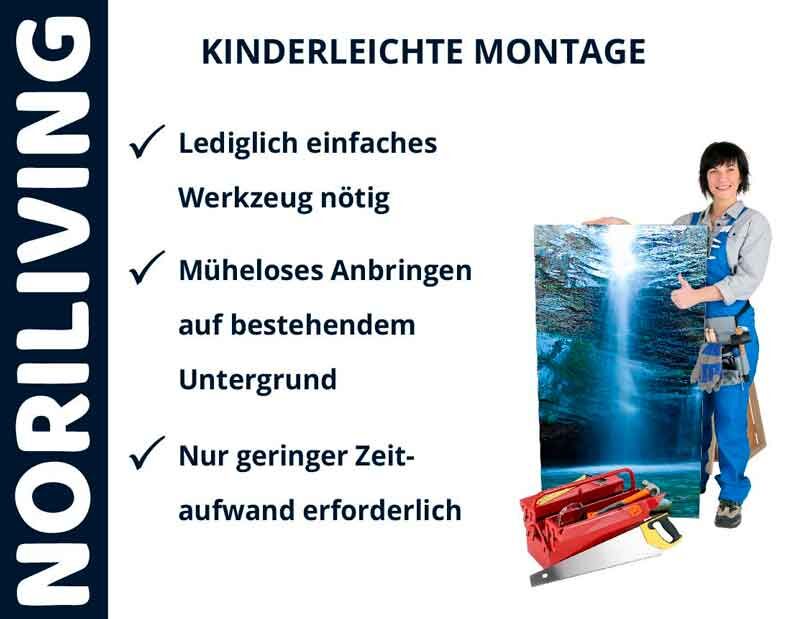 Frau in Arbeitskleidung zeigt einfache Montage von Noriliving-Produkt mit minimalem Werkzeugaufwand.