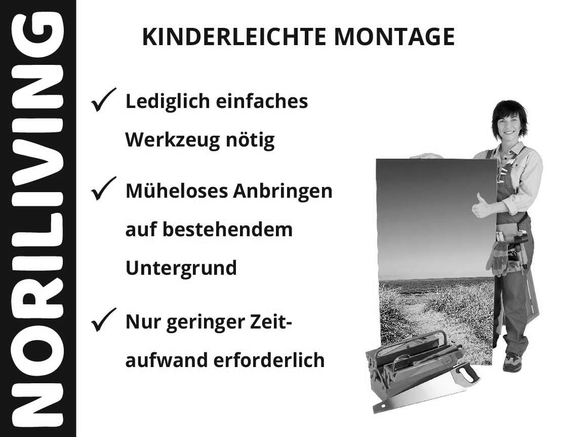 Plakat von Noriliving zeigt eine Person mit Montagewerkzeug und einer Liste: einfaches Anbringen erfordert wenig Zeitaufwand und Werkzeug.