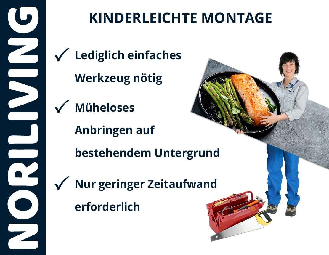 NORILIVING-Produkt mit mühelose Montage, minimaler Werkzeugbedarf; Person hält Platte mit Lachsgericht; Text: kinderleichte Montage, einfaches Werkzeug nötig, müheloses Anbringen, geringer Zeitaufwand