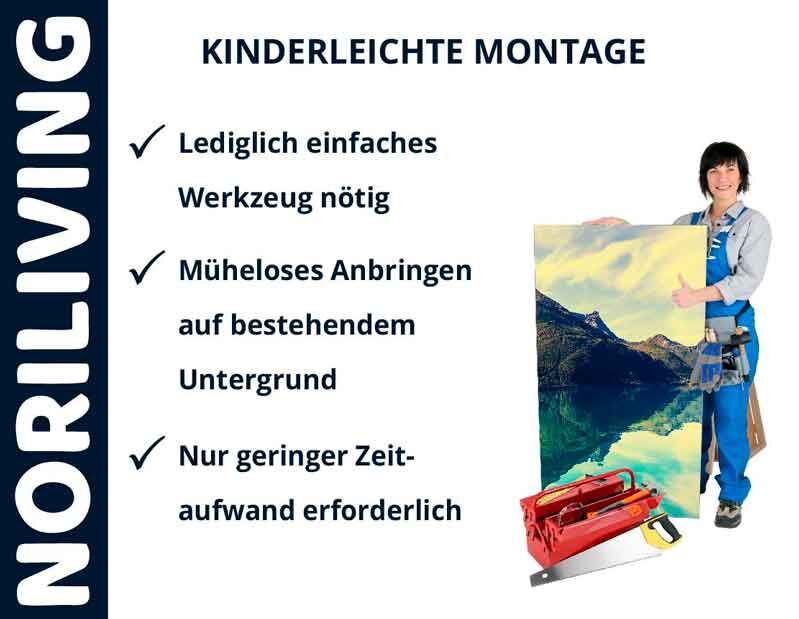 Montageanleitung von Noriliving mit Frau und Bild, einfache Installation mit minimalem Zeitaufwand und Werkzeug