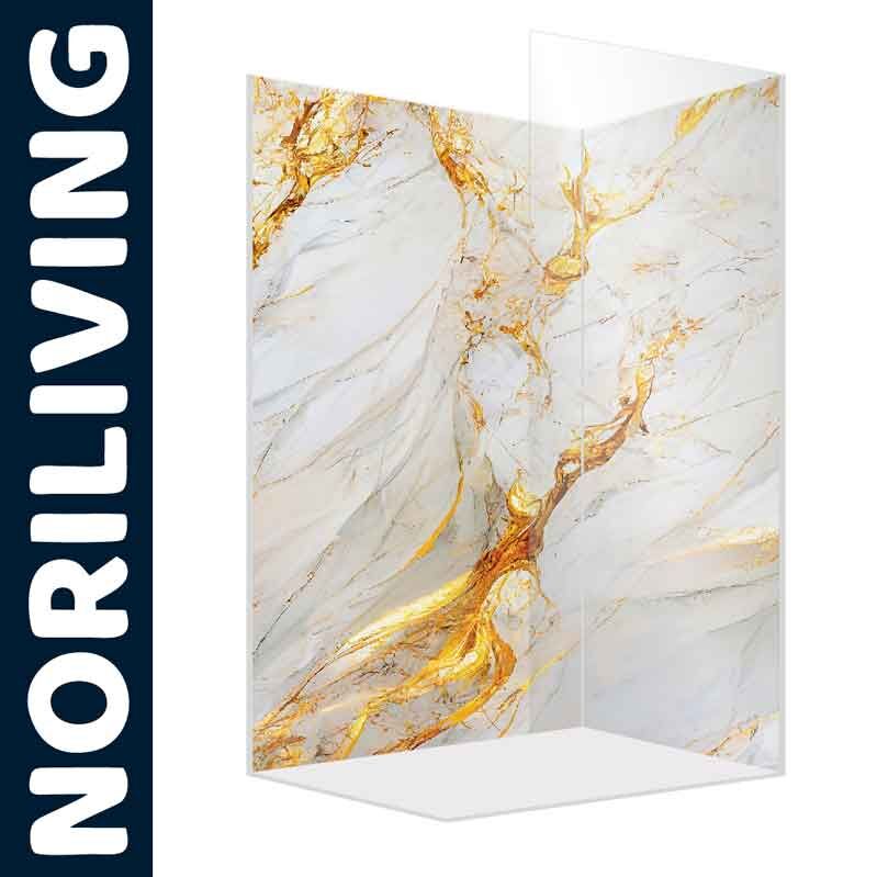 Elegante Duschabtrennung von Noriliving mit gold-marmorierter Oberfläche