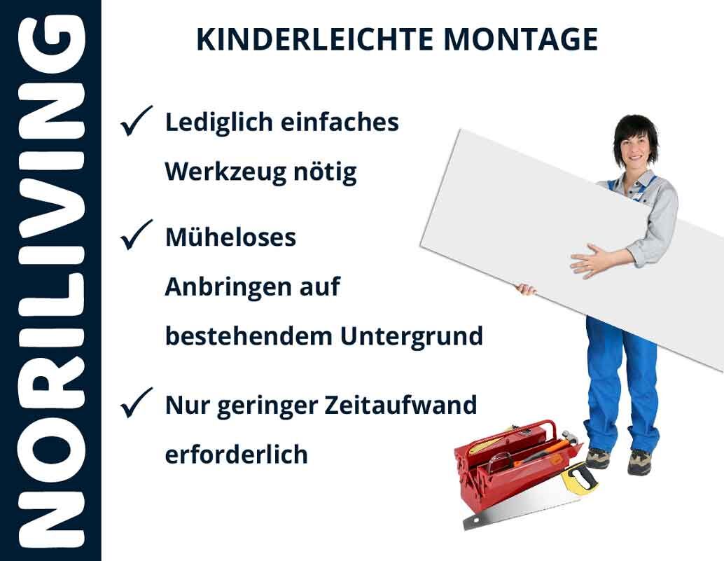 Person hält ein Brett, umgeben von Werkzeug. Text: Kinderleichte Montage, nur einfaches Werkzeug nötig, müheloses Anbringen auf bestehendem Untergrund, geringer Zeitaufwand. Noriliving.