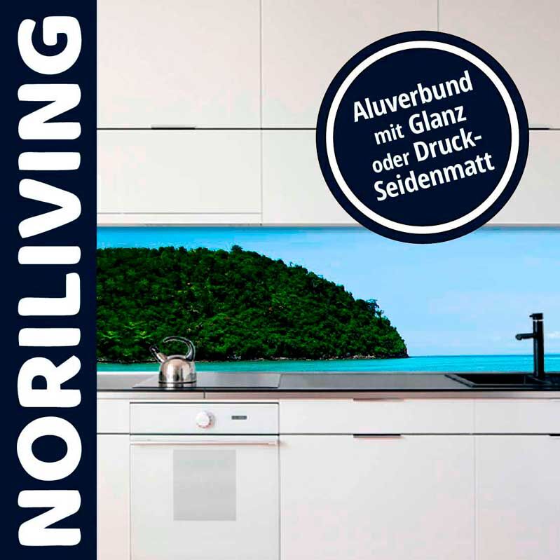 Moderne Küche mit Aluverbund-Rückwand und Inselmotiv