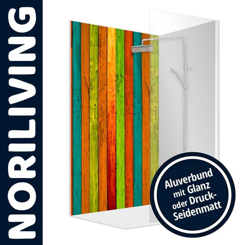 Duschrückwand von NORILIVING mit farbigem Streifendesign, Aluverbund mit Glanz oder Drucken in Seidenmatt