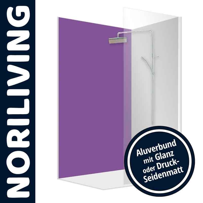 Violette Duschwand von Noriliving aus Aluverbund, erhältlich in glänzender oder seidenmatter Ausführung