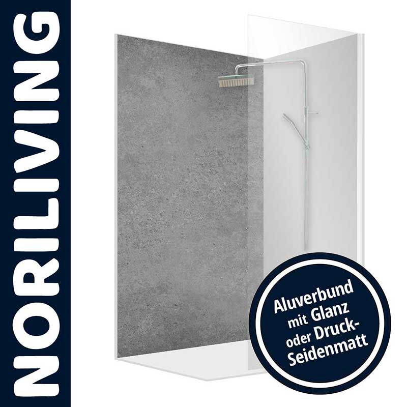 Dusche mit einer Glaswand von Noriliving, Aluverbund mit Glanz- oder Druck-Seidenmatt-Finish