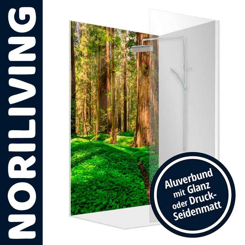 NORILIVING Duschelement mit modernem Waldmotiv, erhältlich in Glanz oder Druck-Seidenmatt.