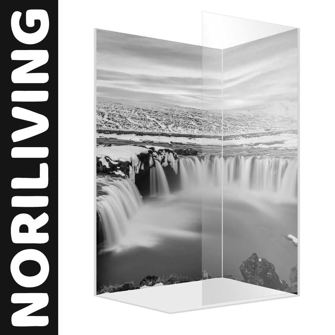 Abbildung einer Eck-Duschrückwand mit Motiv Godafoss Wasserfall mit Sonnenuntergang Island 904 schwarz-weiß
