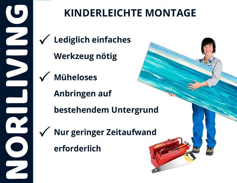 Person hält ein Bild, daneben einfache Werkzeuge, Text: 'Kinderleichte Montage, Lediglich einfaches Werkzeug nötig, Müheloses Anbringen, Nur geringer Zeitaufwand'