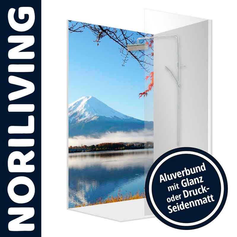 Duschwand von Noriliving mit einem Bild des Fuji-Bergs, Aluverbund mit wählbarer Oberfläche