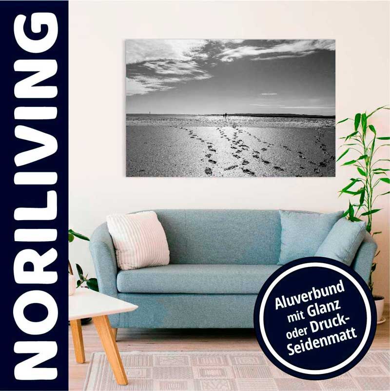 Ein elegantes Schwarz-Weiß-Wandbild mit Motiv von Fußspuren am Strand, perfekt über einem blauen Sofa platziert.