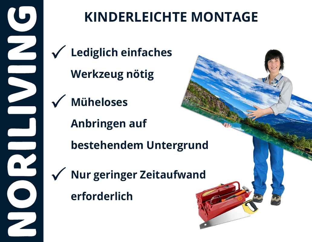 Frau hält ein großes Landschaftsbild; text: Kinderleichte Montage, lediglich einfaches Werkzeug nötig, müheloses Anbringen auf bestehendem Untergrund, nur geringer Zeitaufwand erforderlich; Noriliving-Logo