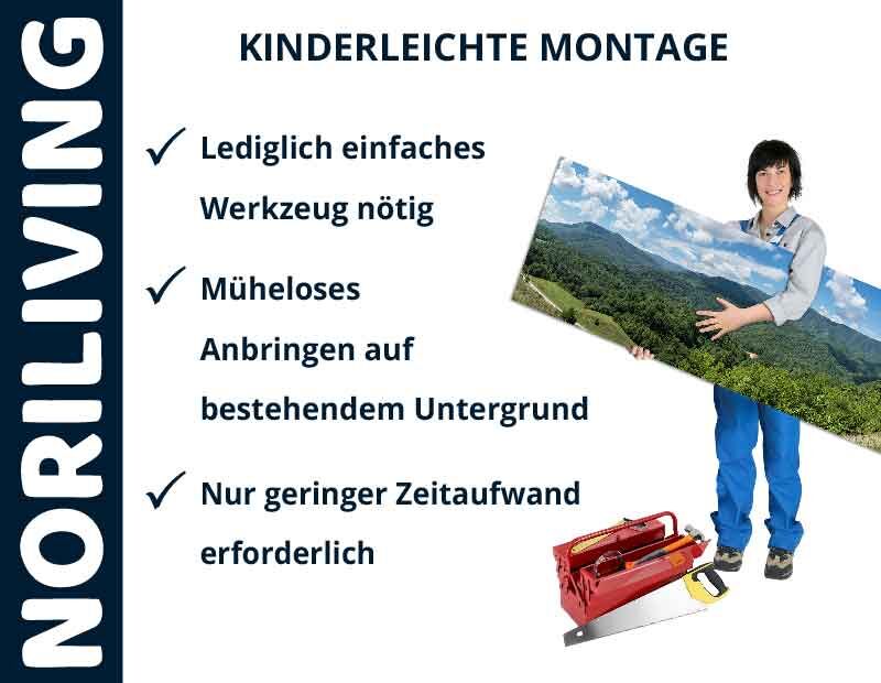Person präsentiert einfach zu installierende Wandverkleidung von NORILIVING mit minimalem Werkzeugeinsatz und Aufwand