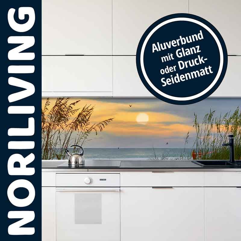 Küchenrückwand aus Aluverbundmaterial mit Sonnenuntergangsdesign, erhältlich in Glanz oder Druck-Seidenmatt