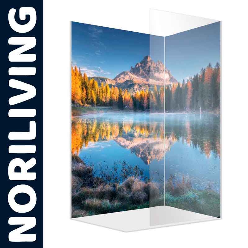 Duschwand mit Design einer herbstlichen Bergsee-Landschaft, Marke NORILIVING