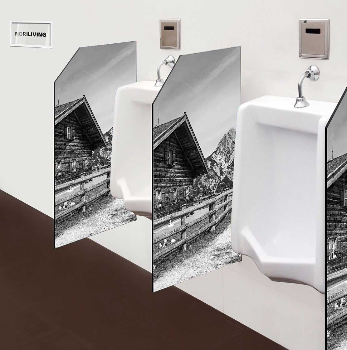 in der Toilette eingebaute Schamwand mit Motiv Blick auf die Litzlalm mit Hütte in Österreich 250 schwarz-weiß