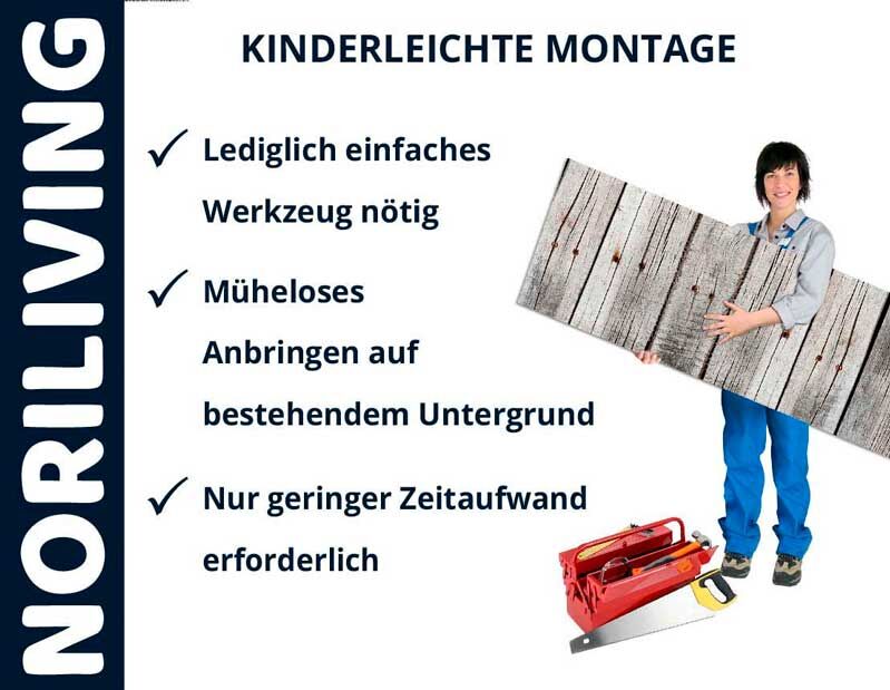 Werbung für NORILIVING Holzverkleidung. Einfache Montage, benötigt wenig Werkzeug. Person hält Holzpaneel und steht neben Werkzeugkasten und Säge.
