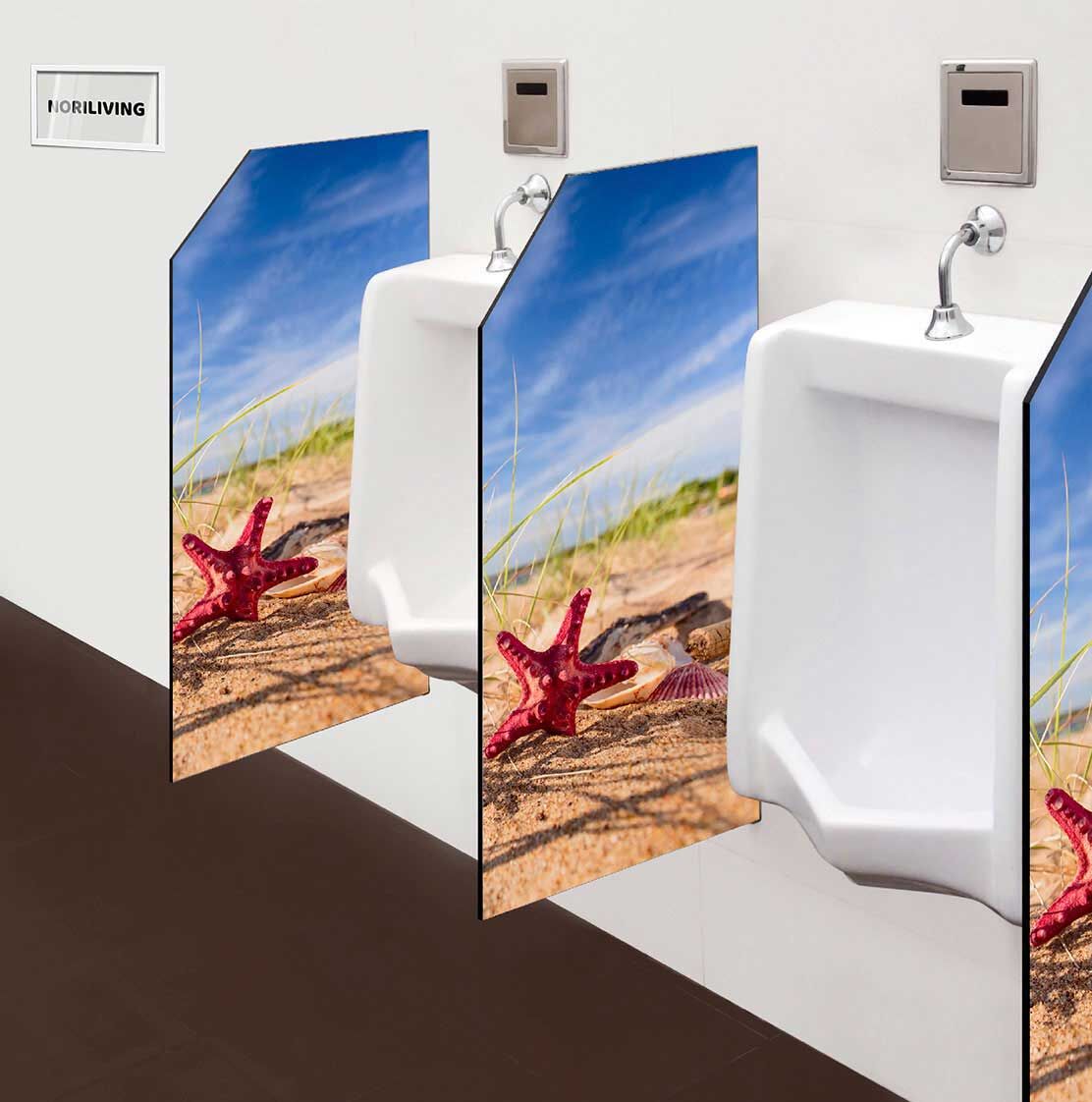 in der Toilette eingebaute Schamwand mit Motiv Seesterne und Muscheln am Strand 442
