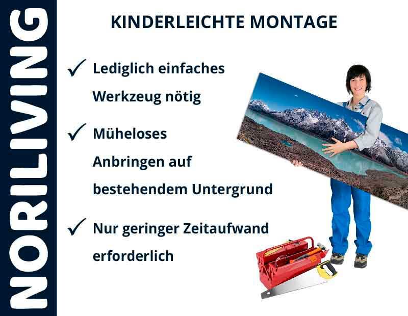 Noriliving-Promotion für einfache Montage mit minimalem Werkzeug, Person hält ein Bild.