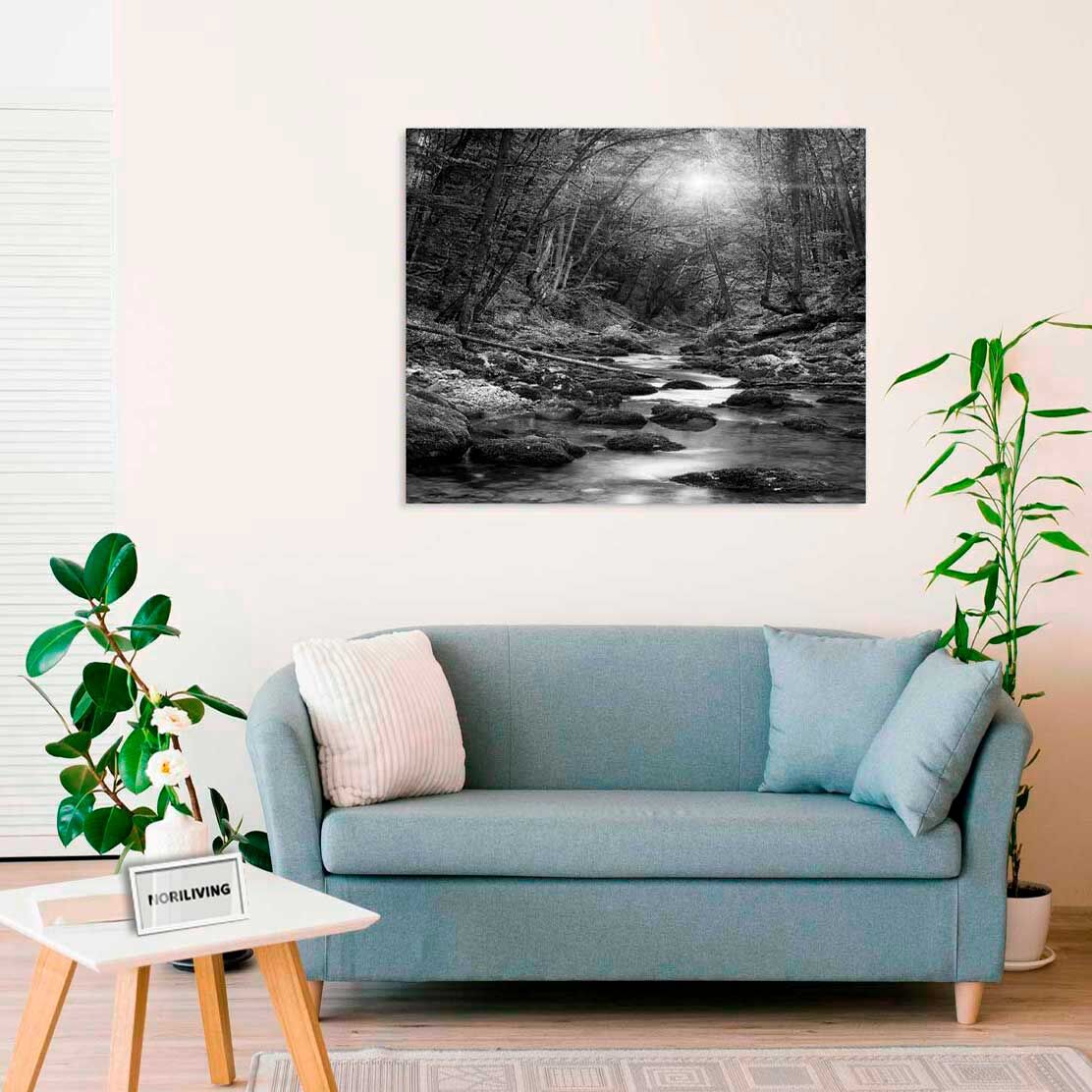 Wandbild über dem Sofa mit Motiv Fluss im Wald 512 schwarz-weiß