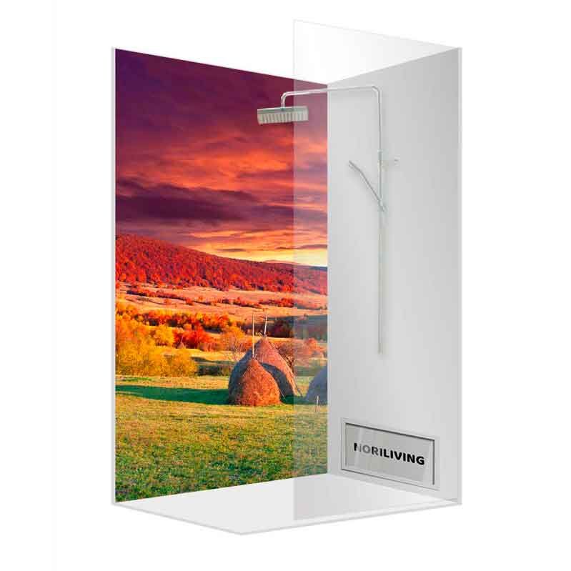 Duschkabine mit Glaswänden und herbstlichem Landschaftsmotiv im Hintergrund, zeigt eine stimmungsvolle Wald- und Wiesenlandschaft bei Sonnenuntergang.