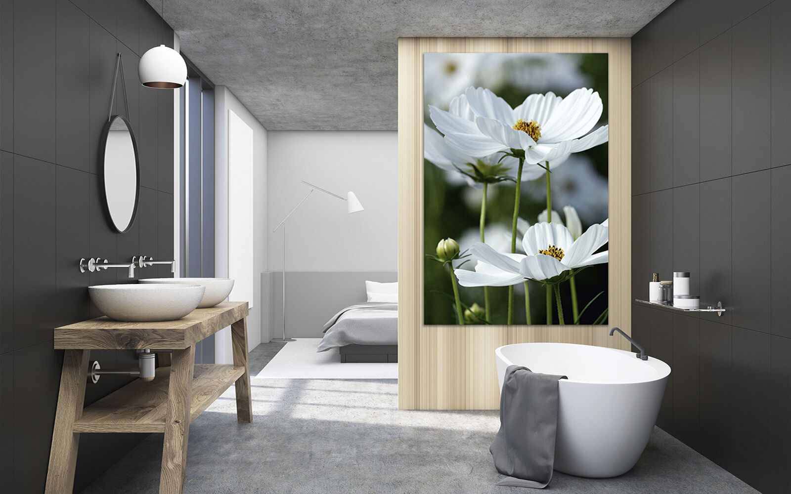 Modernes Bad mit freistehender Badewanne und großem Blumenbild Modern eingerichtetes Badezimmer mit weißer Badewanne, Holzmöbeln und einem großen Foto mit weißen Blumen an der Wand