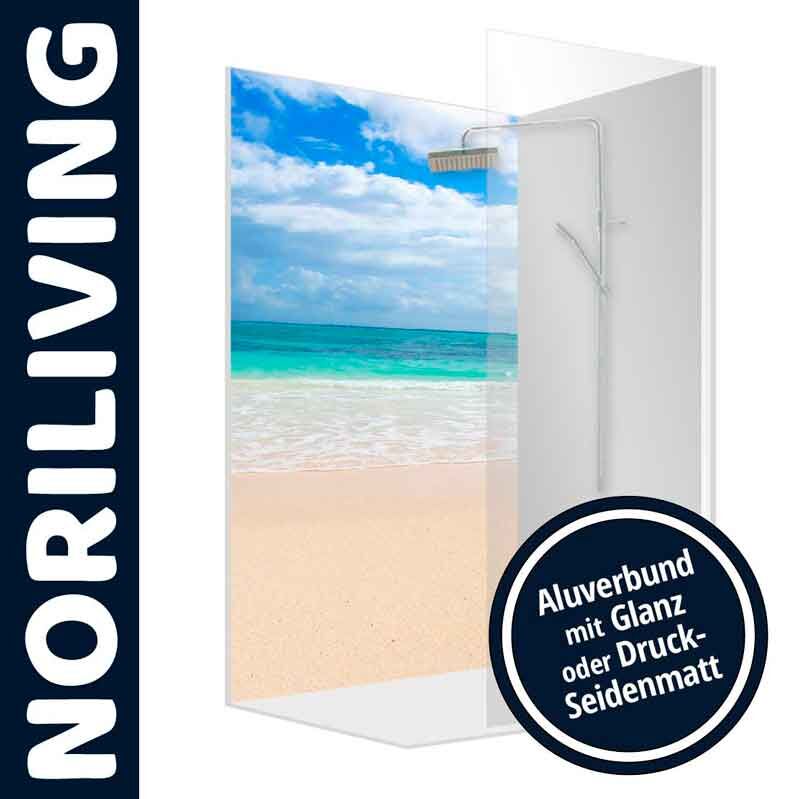 Duschwand von Noriliving mit Strand und Meer, Aluverbund in Glanz oder Druck-Seidenmatt erhältlich