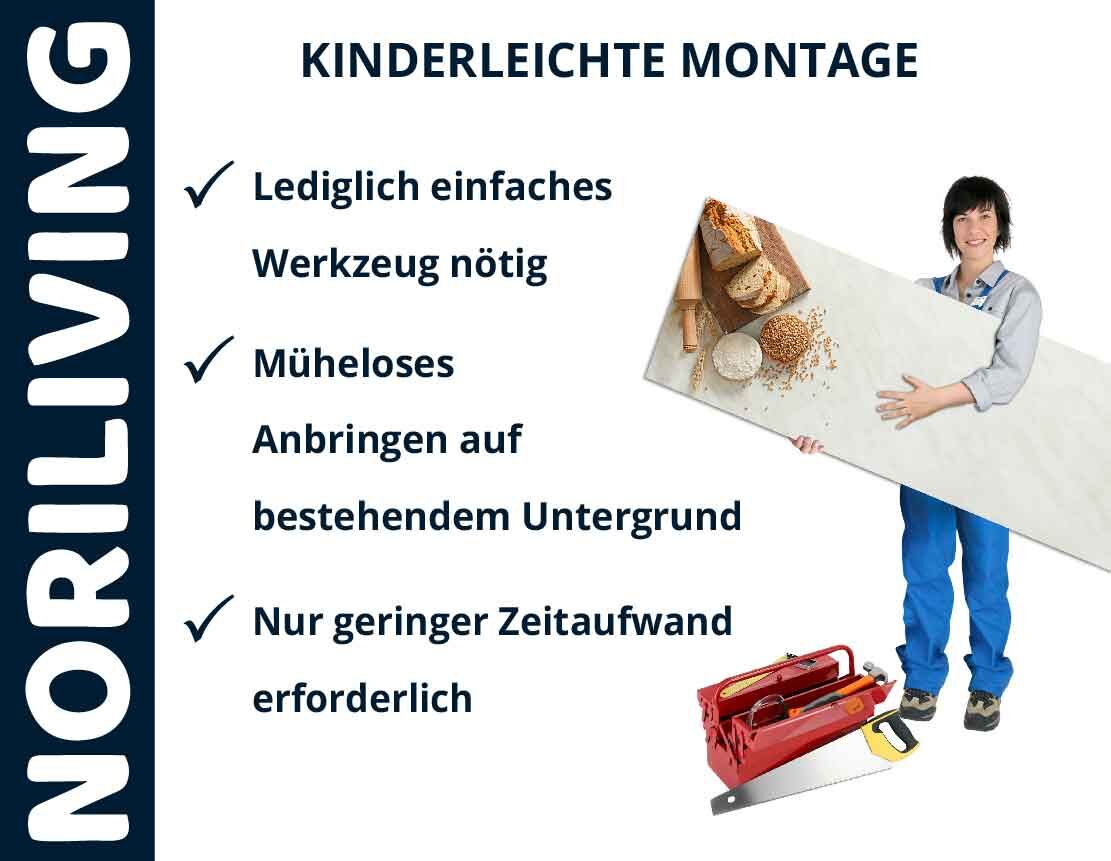Person hält Paneel, Text zur einfachen Montage und benötigtem Werkzeug