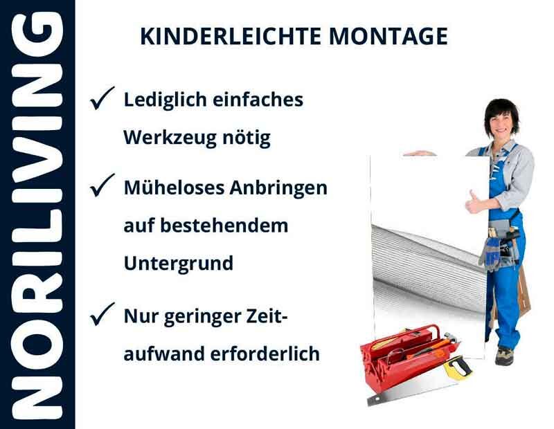 Montageposter von NORILIVING mit den Vorteilen: einfache Werkzeuge, müheloses Anbringen, geringer Zeitaufwand. Person in Arbeitskleidung zeigt Werkzeug und Poster.