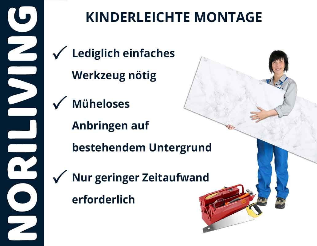 Werbung für Noriliving mit einfacher Wandpaneelmontage. Geringer Zeitaufwand und wenig Werkzeug nötig. Person hält Paneel neben Werkzeug.