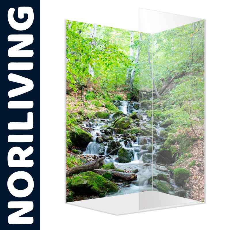 Glas-Duschwand von Noriliving mit einem beruhigenden Wald- und Bach-Bild