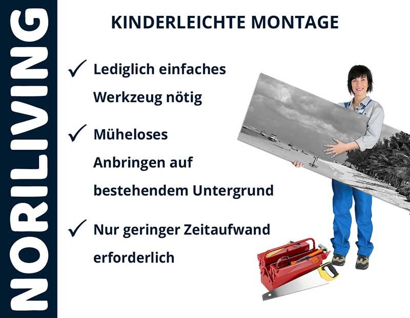 Montageanleitung von NORILIVING: Einfaches Werkzeug nötig, mühelose Anbringung, geringer Zeitaufwand.