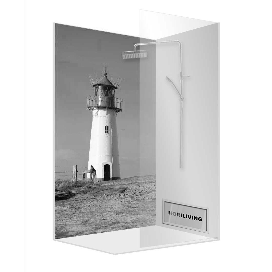 Abbildung einer Einzel-Duschrückwand mit Motiv Leuchtturm auf Sylt Nordsee 076 schwarz-weiß