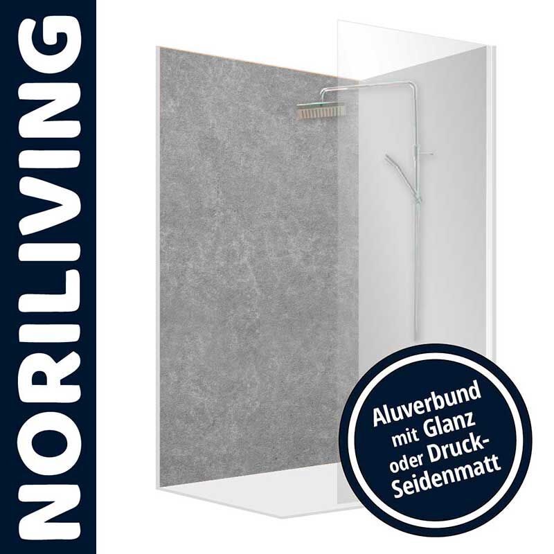 NORILIVING Duschwand aus Aluverbundmaterial, erhältlich in Glanz oder Druck-Seidenmatt, abgebildet in einem modernen Badezimmerdesign