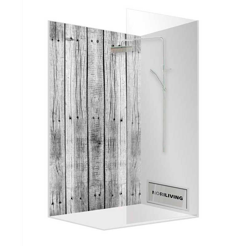 Eckdusche mit transparenten Wänden und Holzmuster-Wandverkleidung, Markenname Norliving sichtbar