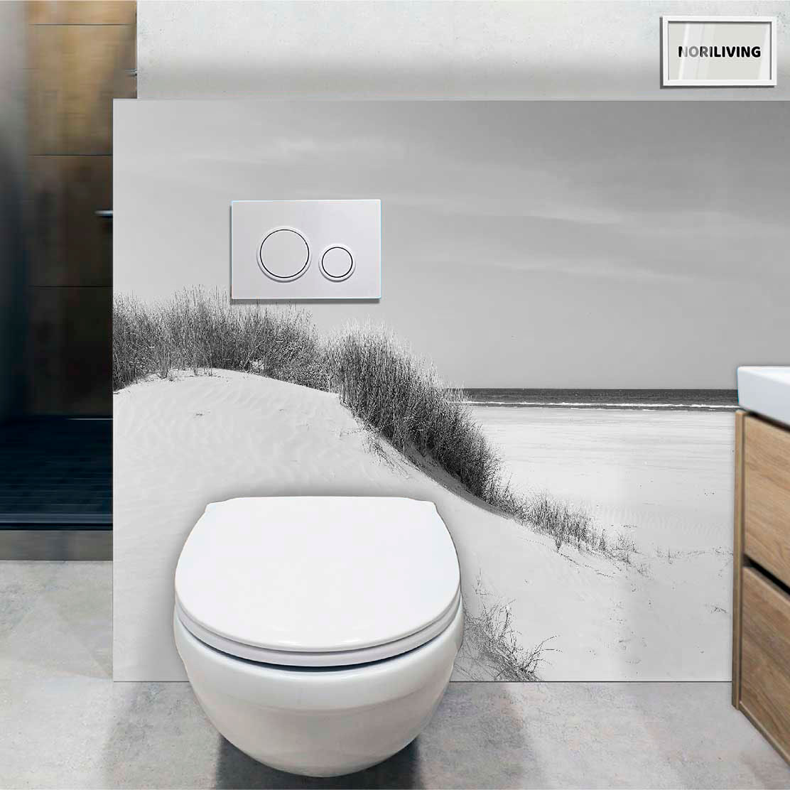 im WC eingebaute Toilettenrückwand mit Motiv Ostsee Düne 670 schwarz-weiß