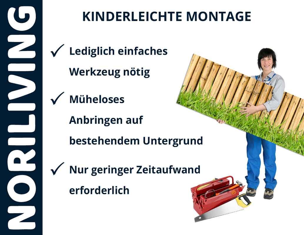 Mann stellt einfache Montage mit Noriliving Material vor, benötigt simples Werkzeug, müheloses Anbringen, geringer Zeiteinsatz