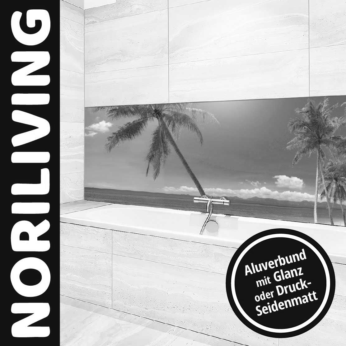 Ansicht des Badrückwand-Motivs schöner Strand und tropisches Meer mit Palmen 415 schwarz-weiß Oberkante