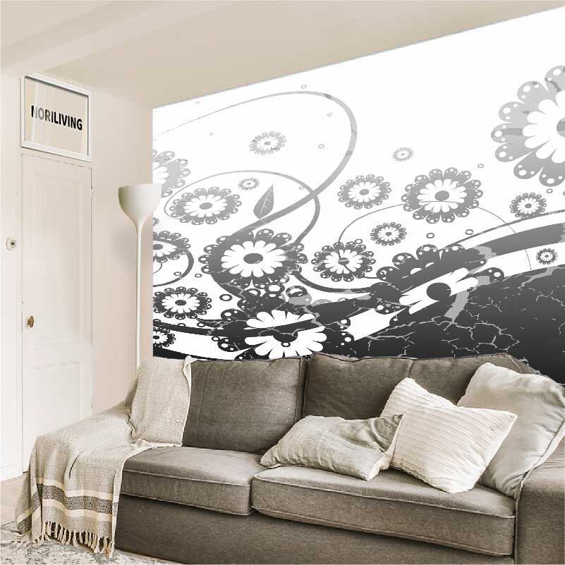 im Wohnzimmer eingebaute Wohnzimmerrückwand mit Motiv schwarz und silbernes abstraktes Blumenmuster 568 schwarz-weiß