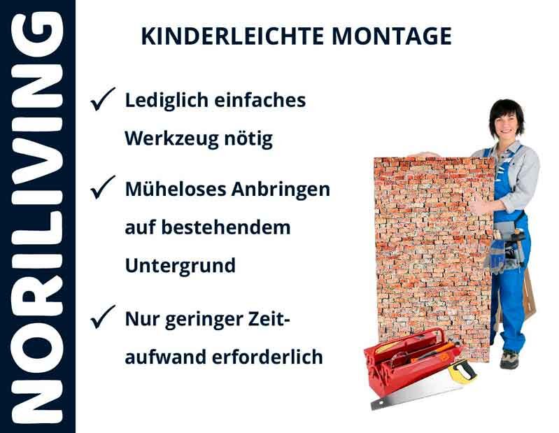 Person zeigt einfach zu montierende Wandpaneele mit Anleitung und Werkzeugen