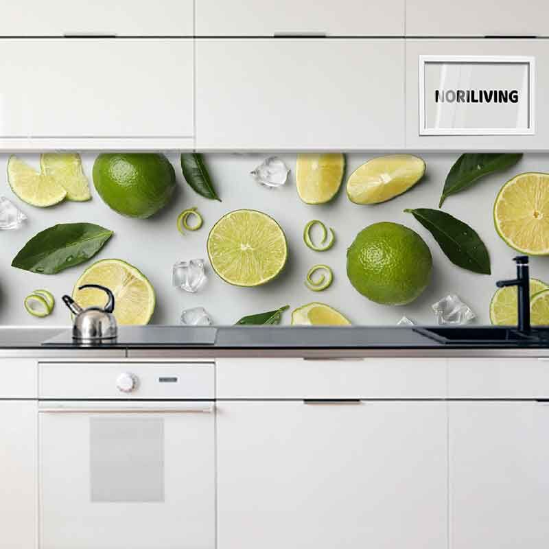 Küchenrückwand Alu Frische reife Limetten, Eis und Blätter 824