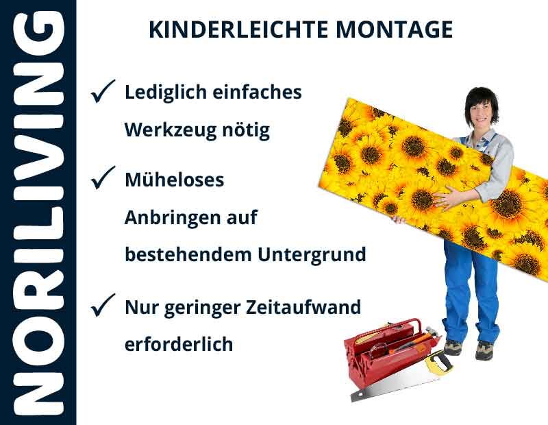 NORILIVING-Werbung mit Montagehinweisen und Person, die ein Sonnenblumenpaneel hält