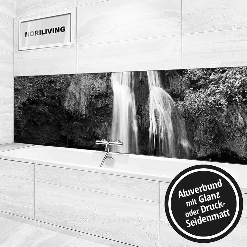 Ansicht des Badrückwand-Motivs Wasserfall 648 schwarz-weiß Höhe zentriert