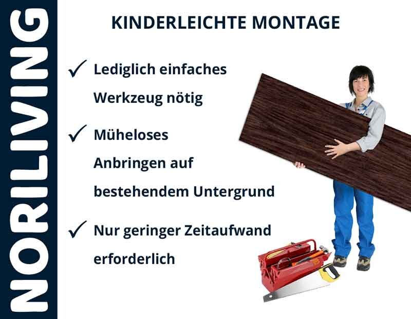 Person hält Holzbrett, daneben Werkzeuge; einfacher Aufbau mit NORILIVING Produkten